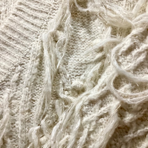 Anthropologie Ivory Fringe V-Neck Sweater Small Textured Pullover - Picture 7 of 12